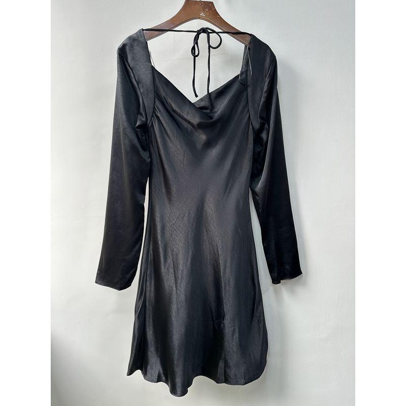 Export Pure Original AST * Classy Party Swing Collar Black Dark Green Smooth Material Imitation Acetic Acid Satin Long Sleeve Dress