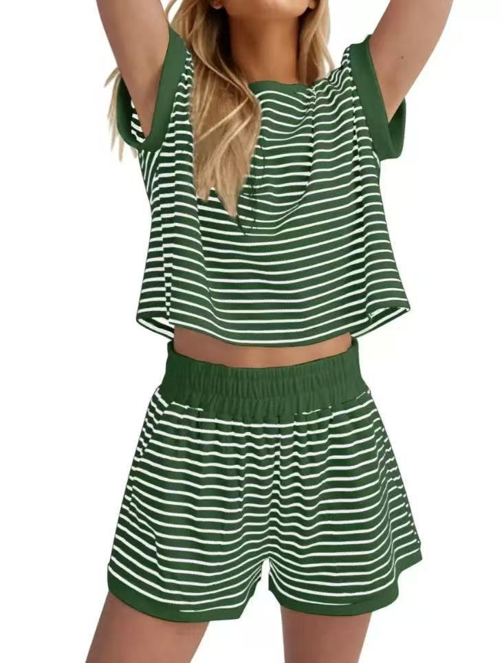 Women's Blue White Stripe Short Sleeve Crop Top and Shorts Set