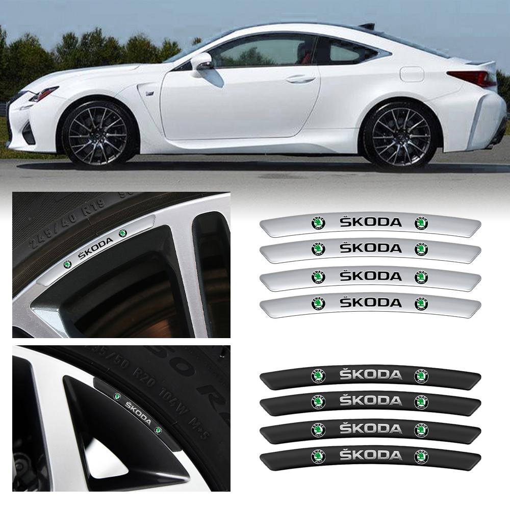 WOHE7 4Pcs Car Aluminium Wheel Stickers Wheel Rim Decoration Strips Accessories For Skoda Kodiaq Octavia Enyaq Kamiq Scala Rapid VRS 3