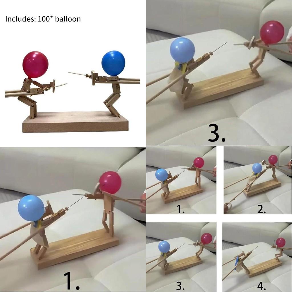 Handmade Wooden Fencing Puppets Colorful Toy Set With 100 Balloons For Kids Fun