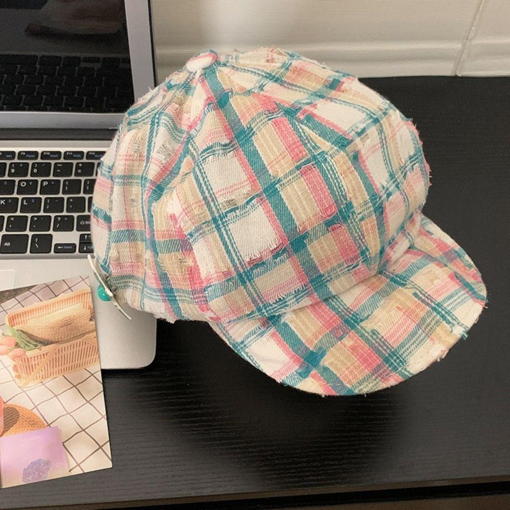 Y2k Octagonal Caps Korean Painter Hat Vintage Plaid Cloud Berets Girls