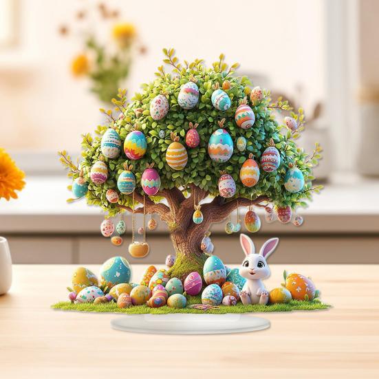 2D Flat Easter Egg Tabletop Sign Acrylic Colorful Easter Egg Tree Desktop Ornament for Spring Party Home Decor