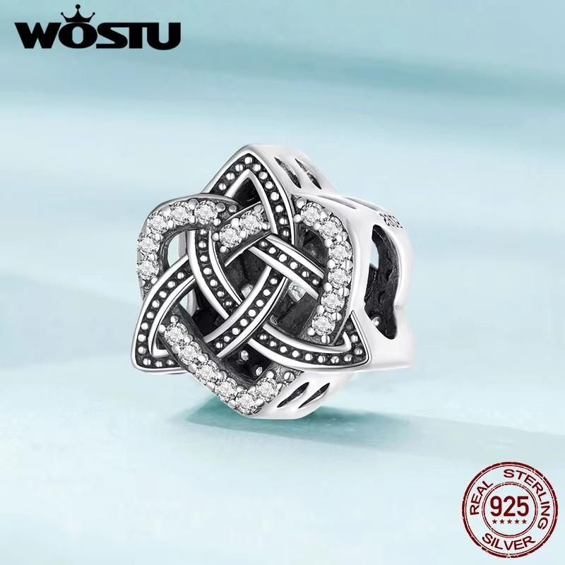 WOSTU Real 925 Silver Heart Beads Flower Retro Pattern Charms Pendant Fit Original DIY Bracelet Necklace Silver Jewelry