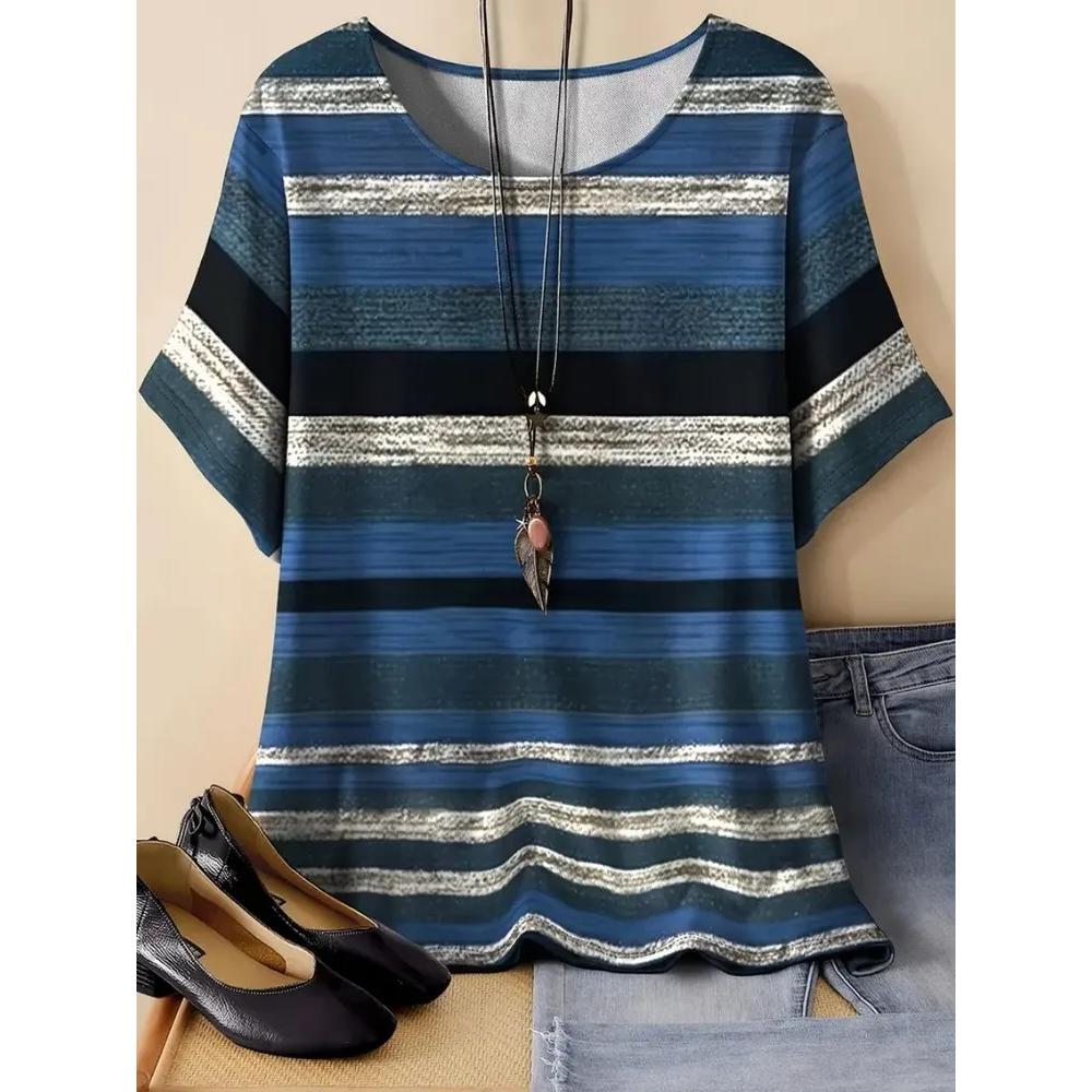 Fashion Women's Striped Printed Top Casual Loose Short Sleeves Comfortable Breathable T-Shirts Women’s