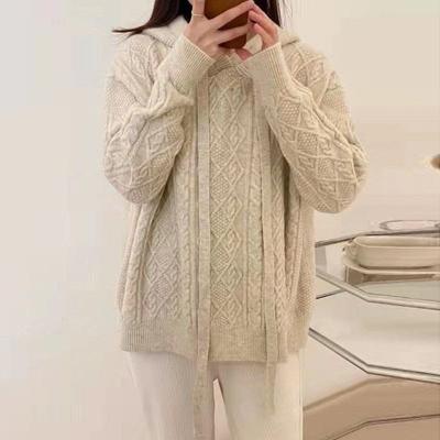 Hooded Geometric Twist Lazy Wind Pullover Sweater Autumn and Winter New Large Size Thick Knitted Sweater Women