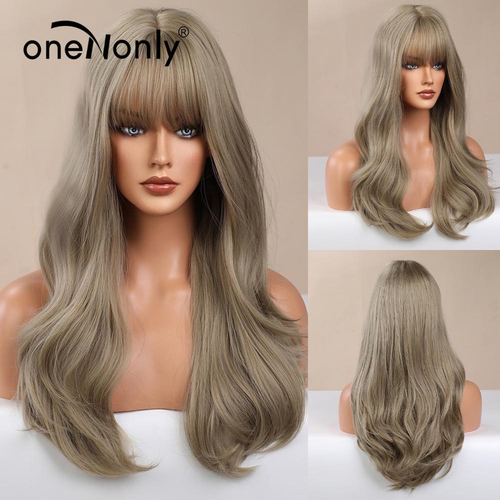 OneNonly Synthetische Perücken für Frauen, blonde Perücke mit Pony, langwellige Perücke, natürliches Haar, hitzebeständige Faser
