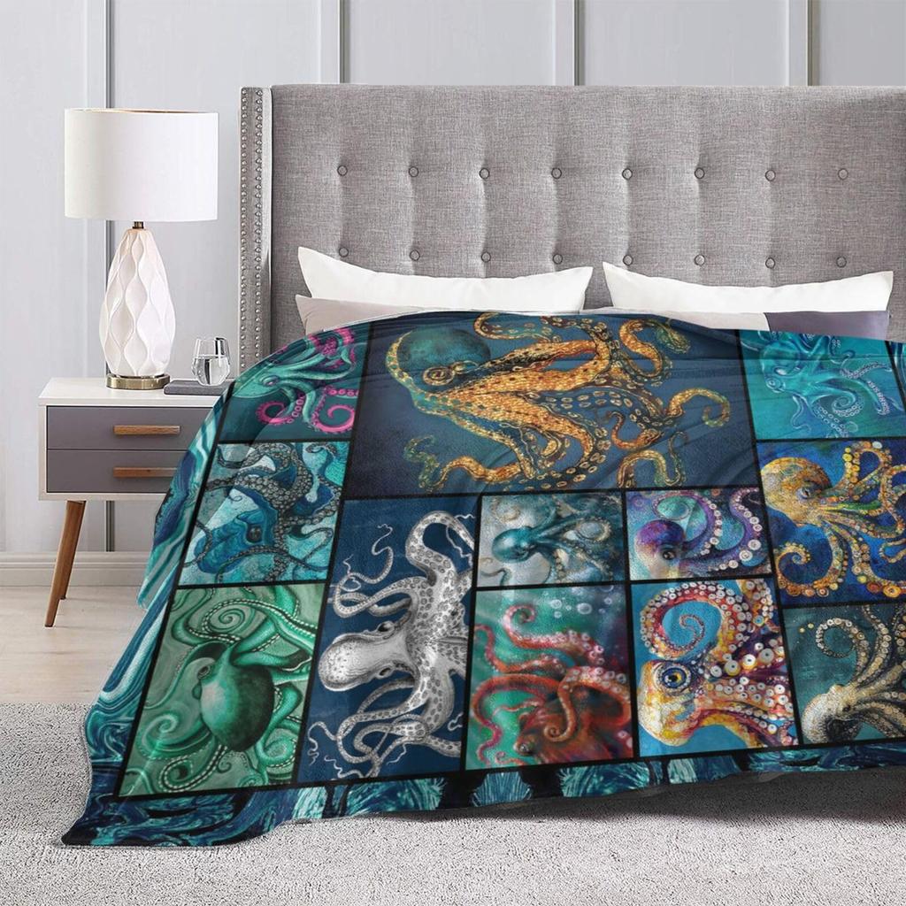 Ocean Octopus Flannel Fleece Blanket 50"x60" Soft Cozy Warm Plush Throw for Kids Adults Home Travel Decor Gift