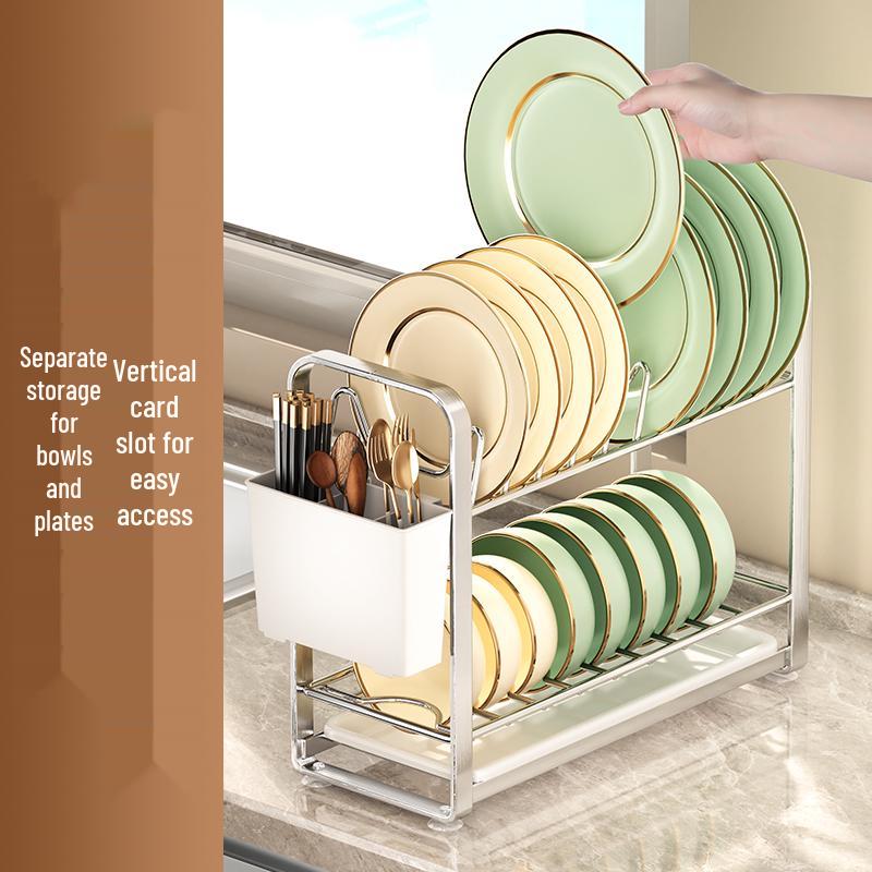 Compact Double-Layer Stainless Steel Dish Rack for Kitchen Countertop