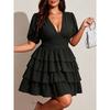 Vestido de tarta corto de color liso, manga corta, cuello en V sexy para mujer de talla grande