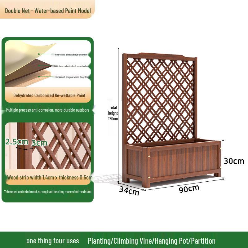 Carbonized Wooden Planter with Trellis: Outdoor Anticorrosive Flower Pot and Climbing Rack for Balcony or Garden.