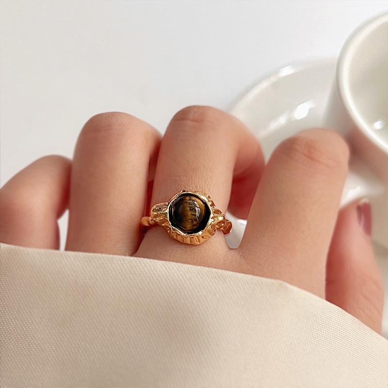 Retro Tiger's Eye Stone Finger Ring Fashion Brown Stone Rings for Women Opening Adjustable Gold Color Rings Jewelry Gifts