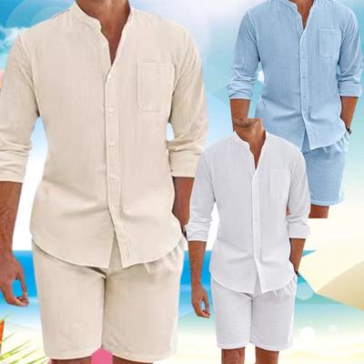 Conjuntos de 2 piezas para hombre Ropa casual diaria de algodón lino Vintage Camisas abotonadas de cuello mao y conjuntos de pantalones cortos para hombre Ropa Verano
