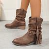 Retro Women Chunky Mid Calf Boots 2026 Trend Women Shoes New Winter Leather Pleather Fringe Fashion Goth Gladiator Boots Mujer