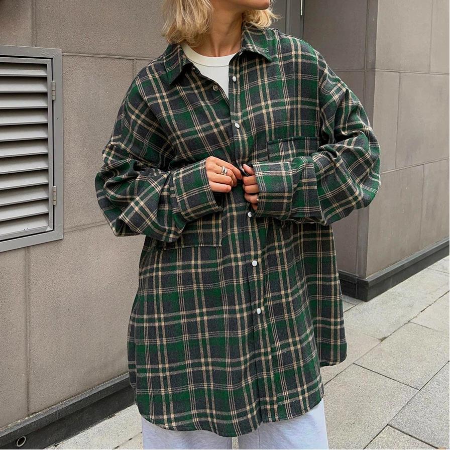 Checkered Shirt Women's Retro Double Pocket Checkered Striped Mid Length Shirt