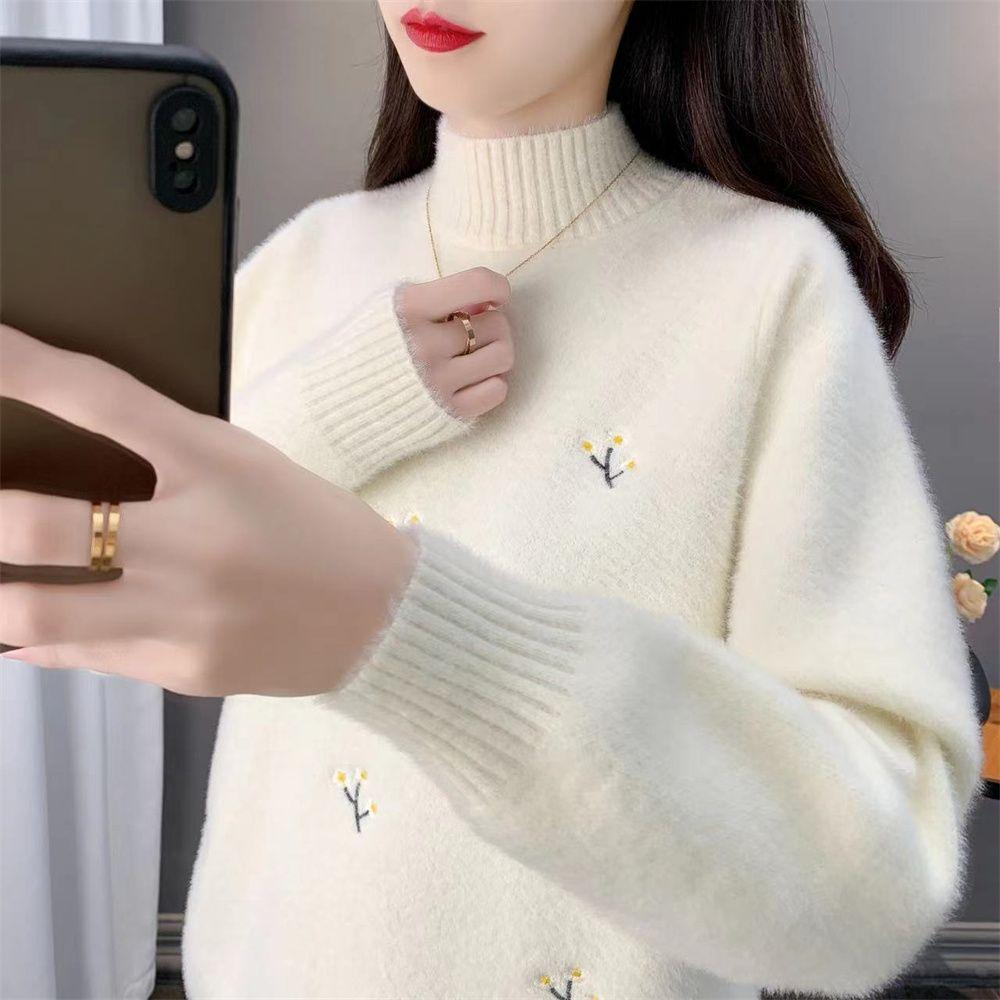 Jesień i zima Nowy półgolf z grubego polaru z norek damski luźny sweter dzianinowy dół top