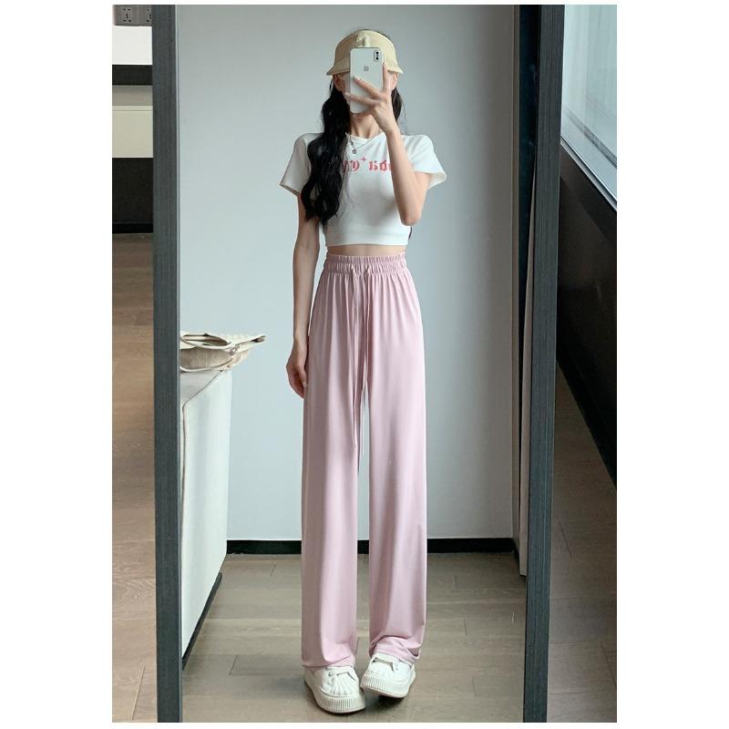 Ice Silk Sunscreen Wide-leg Pants Women's Summer Thin Drawstring Quick-drying Straight Casual Pants Drape Thin Cool Sunscreen Pants