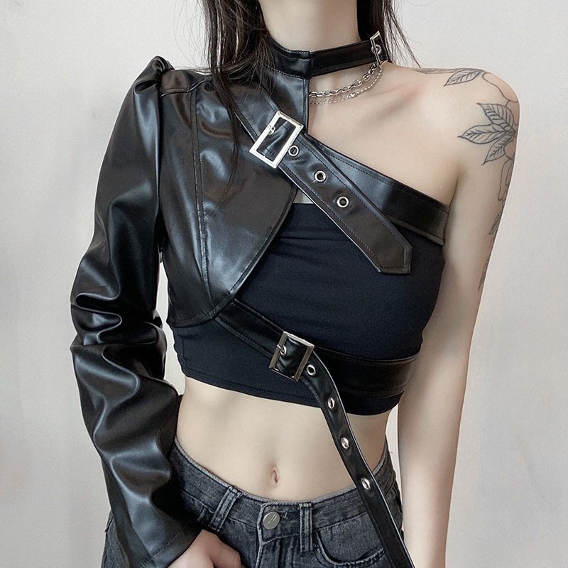 Stylish Asymmetrical Metal Buckle Halter-Neck Pu Leather One-Sleeve Jacket 2025 Spring and Autumn European and American Amazon New Model