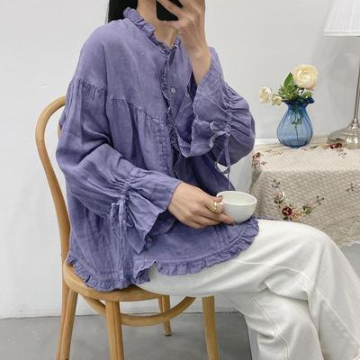 Ruffles Linen Lace-up Women Shirts Tops Spring Summer Vintage Mori Loose Slits Female Blouses