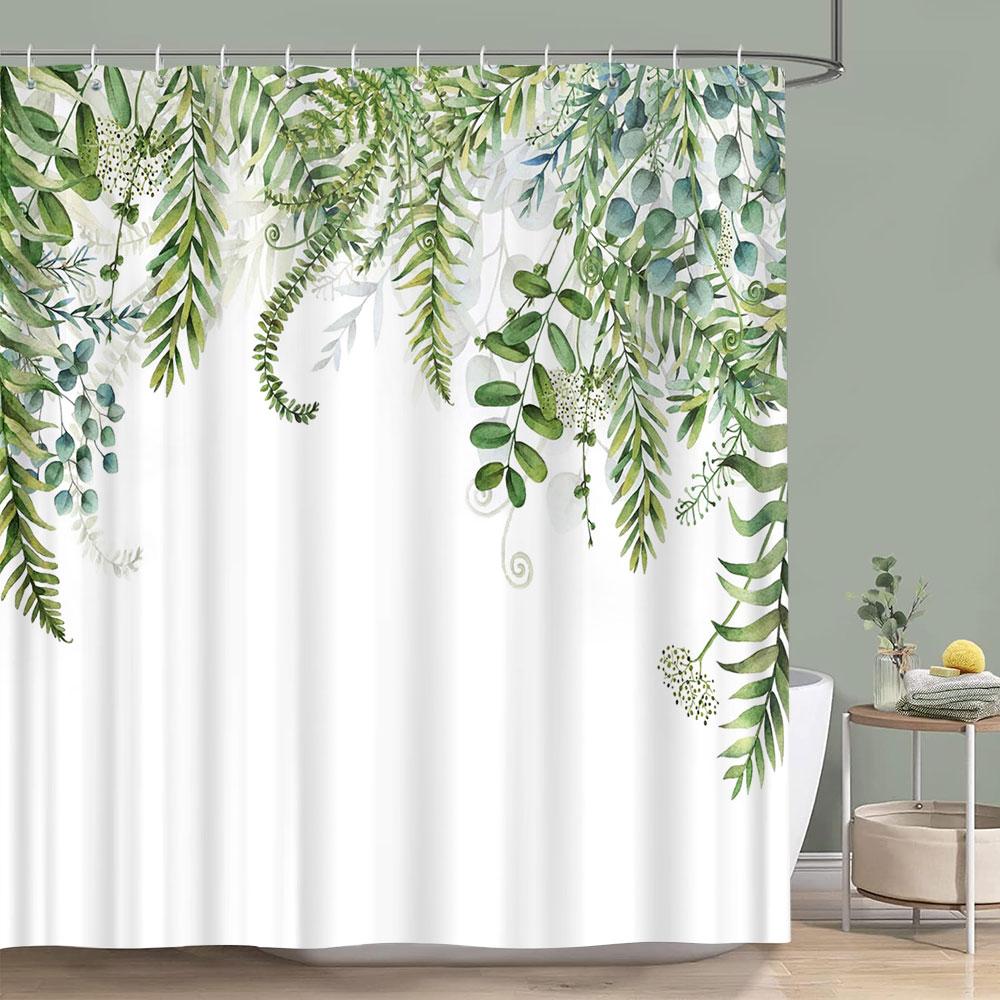 Tropical Palm Leaves Shower Curtain Set Green Plant Leaves Leaf Pumpkin Red Truck Halloween Christmas Decor Bathroom Curtains