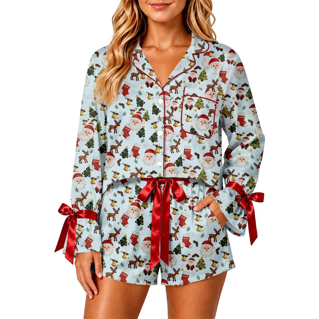 Women's Christmas Two Piece Pajama Set with Button Down Shirt and Shorts Sleepwear