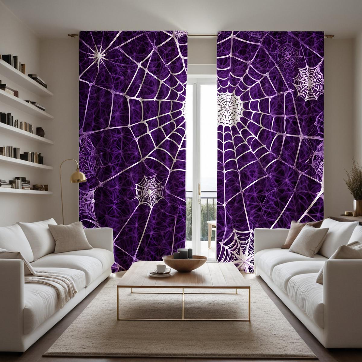 

Комплект из 2 шт. HD занавеска на Хэллоуин с паутиной, фиолетовая завязка, цифровая печатная занавеска, стиль домашнего декора, украшение гостиной, спальни, Wea W52H63inchW132H160cm