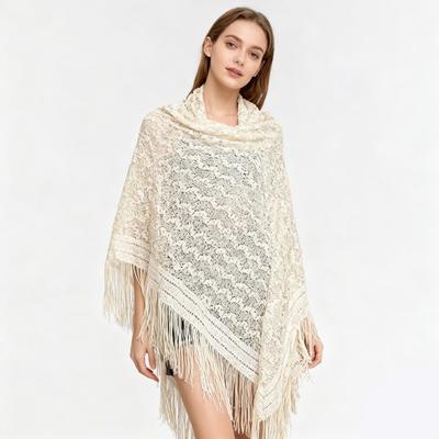 Versatile 140×140cm Lace Shawl Elegant Hollowed-out Design Knitted Shawl Breathable Tassel Shawl for Women