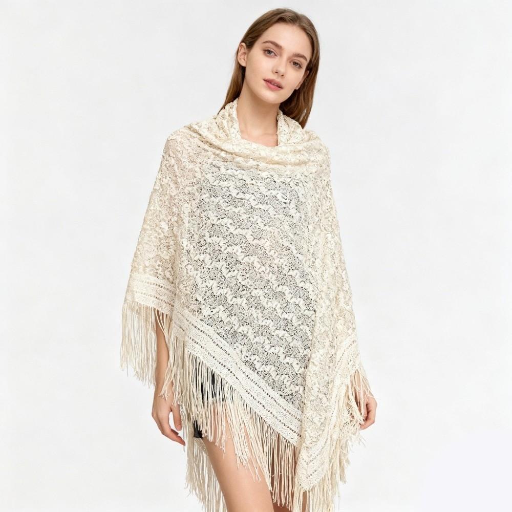 Versatile 140×140cm Lace Shawl Elegant Hollowed-out Design Knitted Shawl Breathable Tassel Shawl for Women