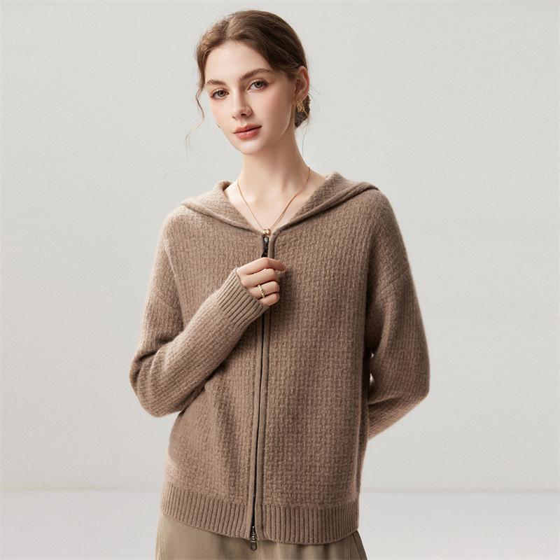 Lekasha Women's Cashmere Zip-Up Hooded Cardigan