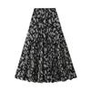 Qooth Elegant Women A Line Pleated Flower Skirt Midi Length Elastic Waist Casual Skirt QT2753