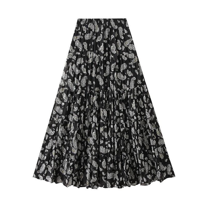 Qooth Elegant Women A Line Pleated Flower Skirt Midi Length Elastic Waist Casual Skirt QT2753