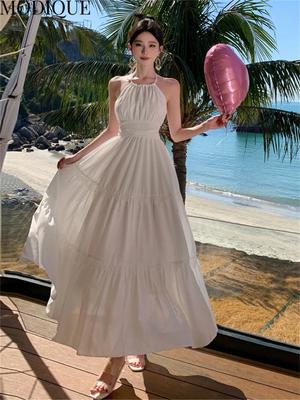 MODIQUE Summer Women Elegant Casual Beach Backless Mesh Gauze Lace Chiffon Halter Long Dresses Lady Fairycore Atmosphere Chiffon Solid White Dresses