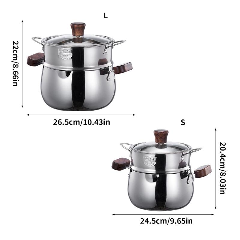 Premium 304 Stainless Steel Double Layer Steamer Pot with Wood Handle Suitable for Efficient and Even Cooking Experience