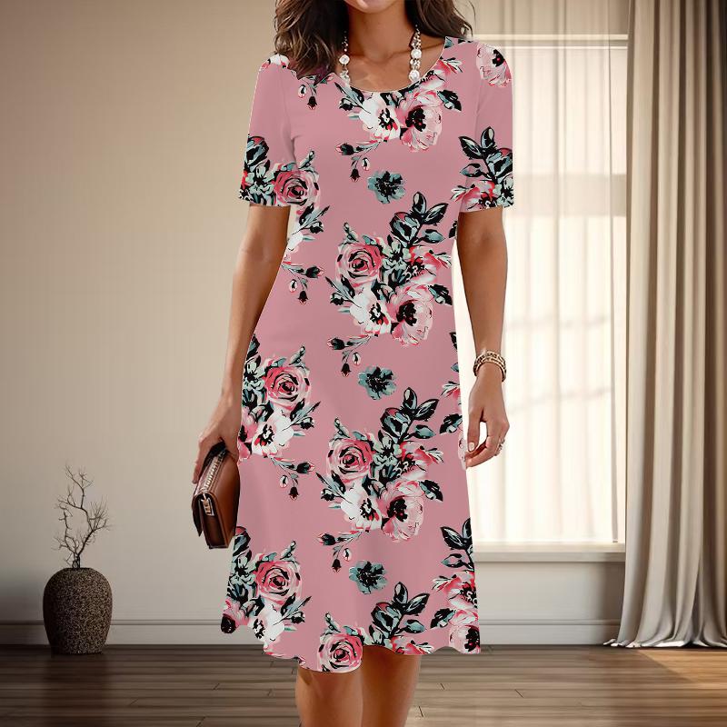 Women's Fashion Graceful Bowknot Print Summer Spring Short Sleeve O-Neck Casual Dresses