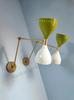 Mid Century Italian Brass Wall Sconce Pair: White & Olive Green Diabolo Light