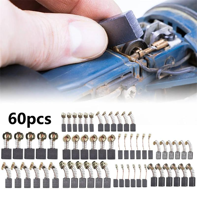 60Pcs Electric Motor Carbon Brushes Power Tool Repairing Parts Carbon Brush Replacement 10 Different Types