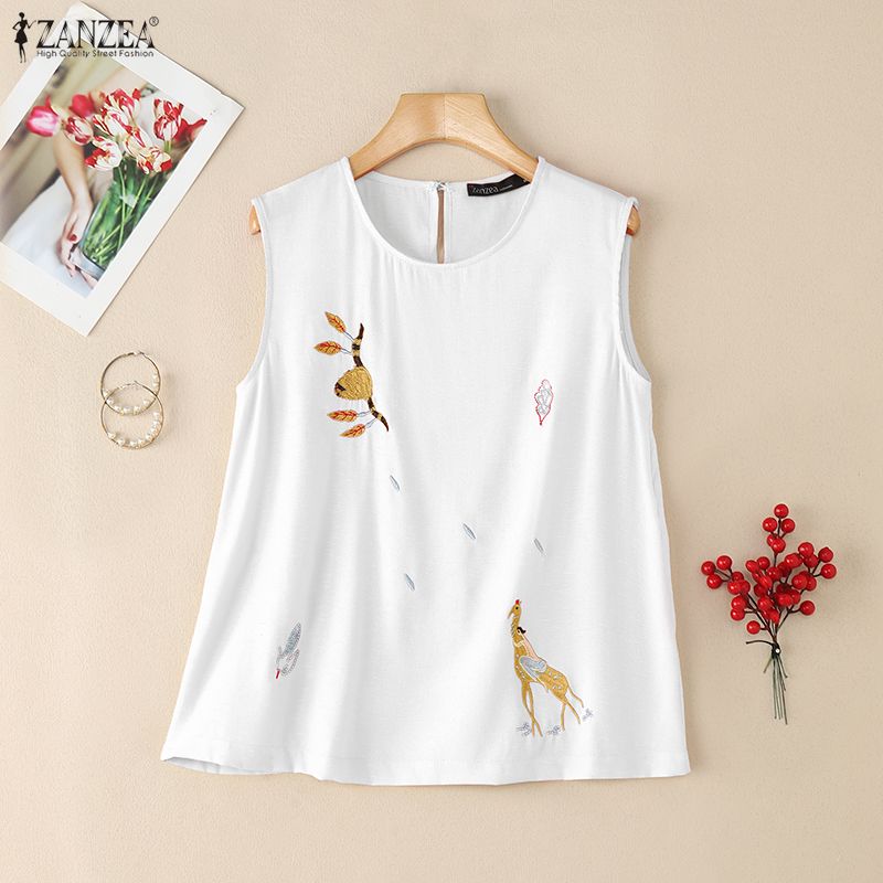 

ZANZEA Women Casual Round Neck Sleeveless Embroidery Summer Tank Tops 5XL белый