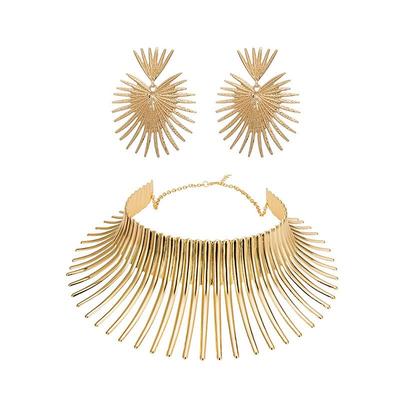 Exaggerated Striped Collar with Sunflower Necklace & Earrings Set - European & American Metal Punk Style