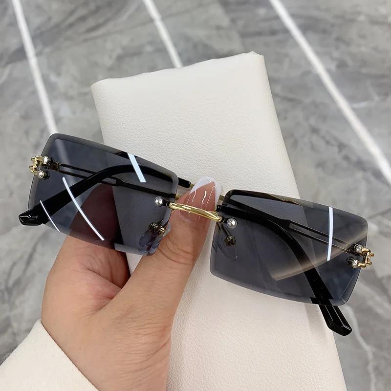 

Неполяризованные винтажные модные новые солнцезащитные очки без оправы, прямоугольные оттенки, градиентные летние солнцезащитные очки для путешествий для женщин серый