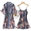 Women Faux Silk Kimono Robe Gown Sets Sexy Print Crane Nightdress &Bathrobe Lingerie Nightgown Summer Sleepwear