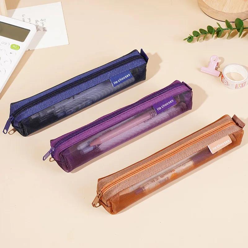 Makeup Case Mesh Transparent Cosmetic Brush Bags Students Solid Color Zipper Nylon School Pencil Case