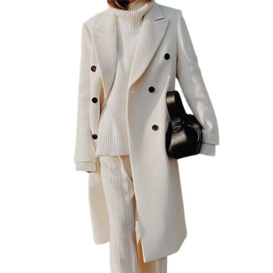 Lapel Double Breasted Woolen Suit Jacket Long Sleeve Solid Color Long Woolen Elegant Coat Female Clothing