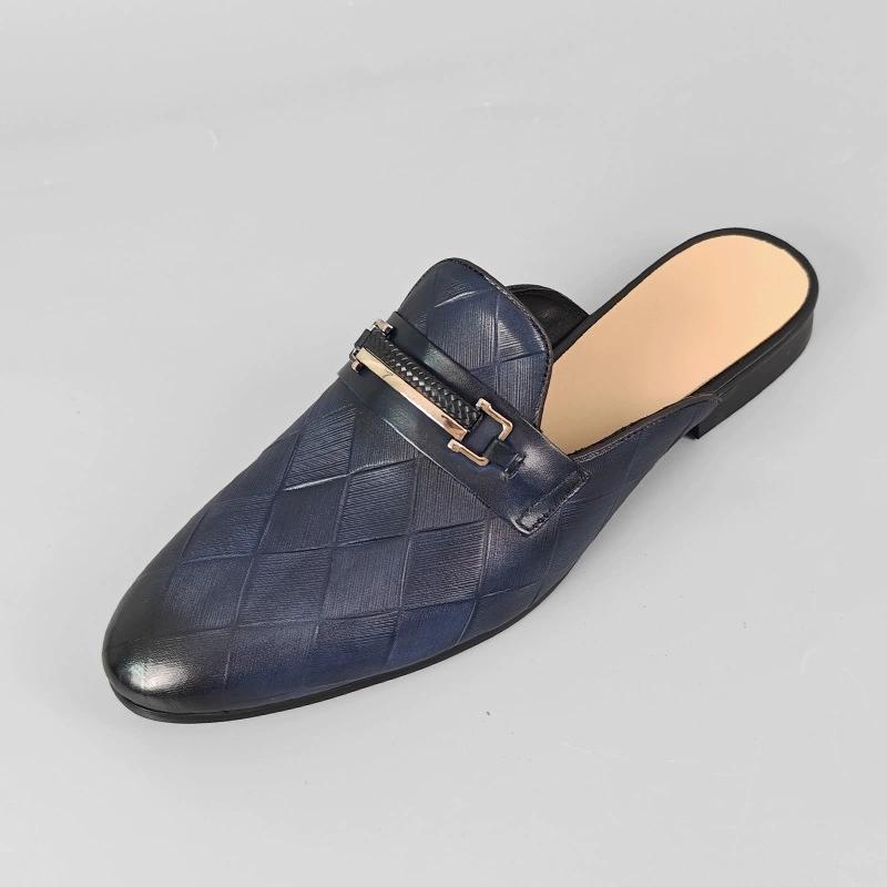 

Fashion Men s Flat Mules Slippers Slip on Genuine Cowhide Leather Luxury Gerling Pattern Loafer Slides Closed Pointed Toe Half Shoes 38 чёрный