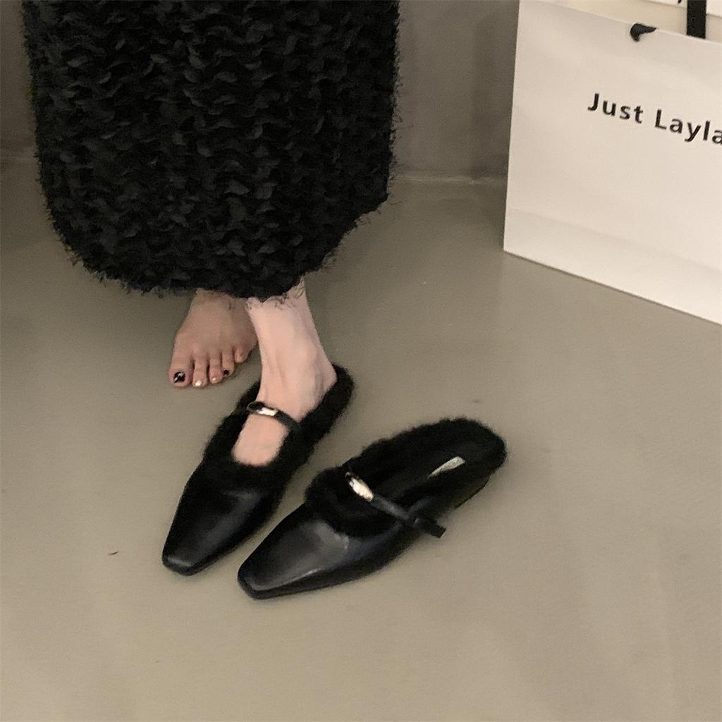 Premium Sense Velvet Mary Jane Women's Shoes 2025 Autumn and Winter New French Temperament Warm Bag Head Fluffy Slippers Outer Wear