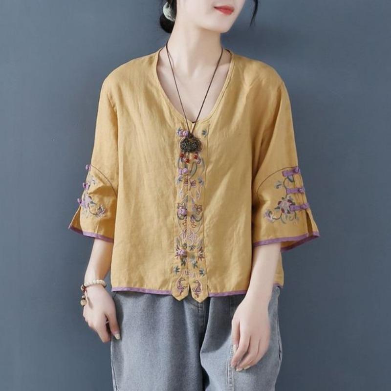 Women S Vintage Embroidered V Neck Short Sleeve Loose Linen Cotton Shirt