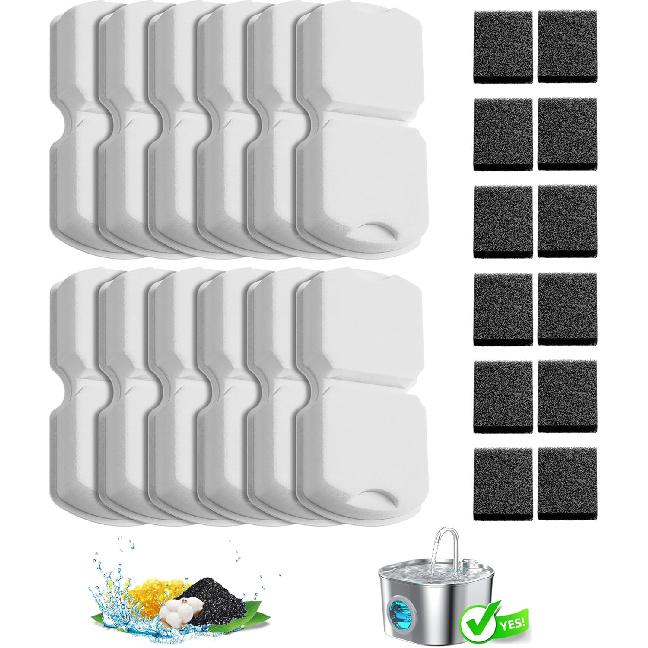 Cat Water Fountain Filter Replacement: 6Pack Pet Fountain Filters of 6 Carbon Filters & 6 Sponges - Use for HOOISE 74oz Automatic Pet Fountain Cat