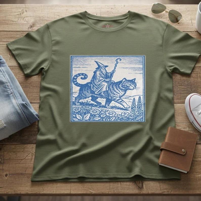Wizard Cat Rider Vintage T-Shirt, Retro Fantasy Graphic Tee, Funny Cat Meme Top, 4XL