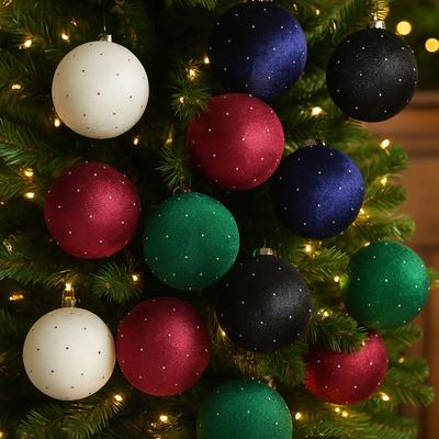 9pcs/set 8cm Christmas Ball Ornaments Flocking Plastic Christmas Spheres Glitter Shatterproof Velvet Christmas Balls