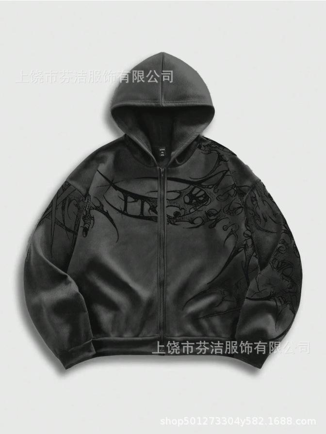 Dunkler Kapuzenpullover für Herren, Europäischer und Amerikanischer Pullover, Jacke mit Magisches Schwert Aufdruck, Vintage Street Top, Trendig für Männer und Frauen