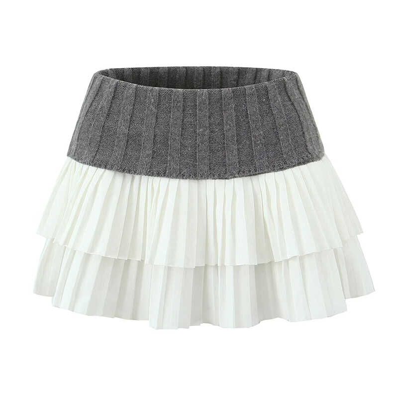 

Sweet American Retro Sweetheart Sexy Knitting Patchwork Cake Small Pleated Skirt Fall and Winter Atmosphere Skirt Grey All yards