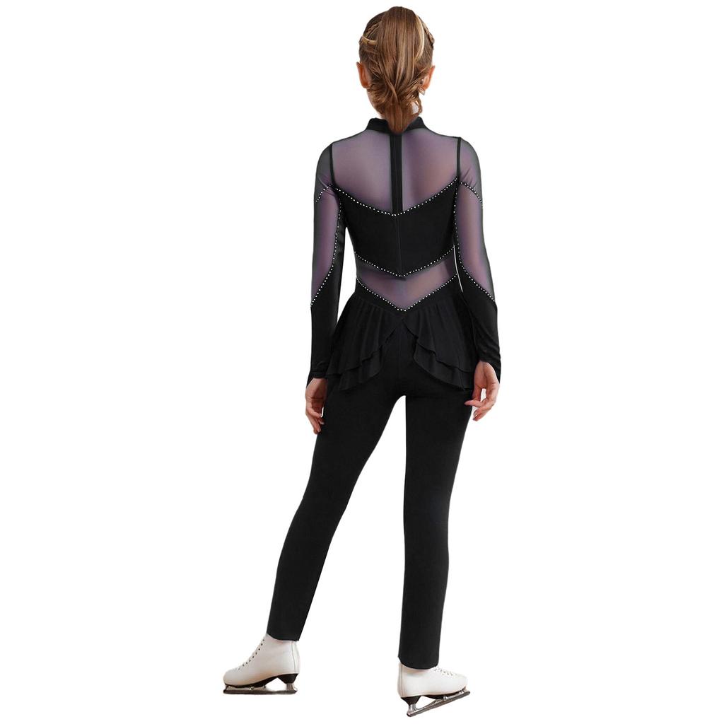 Girls Figure Skating Jumpsuit Mock Neck Long Sleeve Sheer Mesh Patchwork Shiny Rhinestones Bodysuit